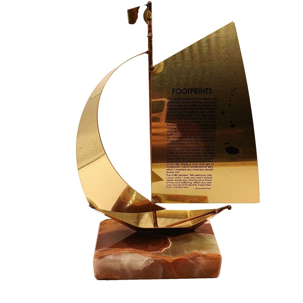 Sailboat On Stone Base “Footprints” Poem On Sail Gold Tone Metal Art 8 in Tall